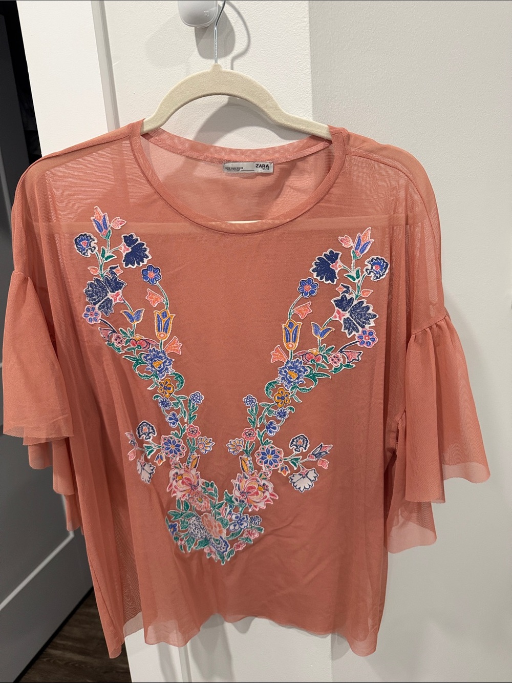 Zara Coral Sheer Floral-Embroidered Tunic